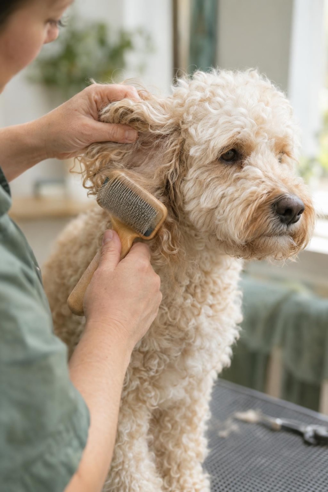 A groomer brushing out a cream poodle mix's ear
