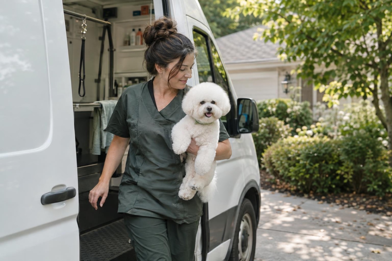 A mobile groomer stepping out of her van holding a freshly groomed bichon frise