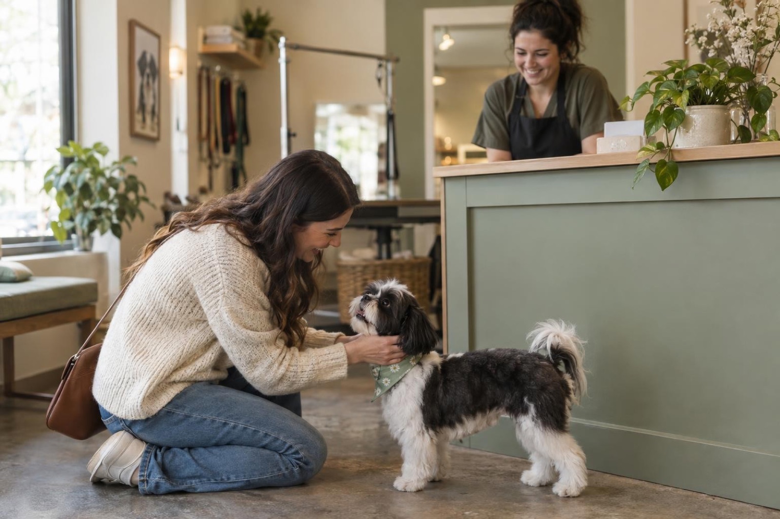 An owner greeting her freshly groomed shih tzu at the salon counter