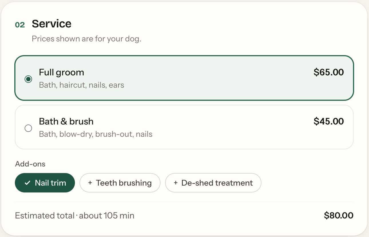 Booking page service step showing a full groom at $65 and a nail trim add-on, $80 in total