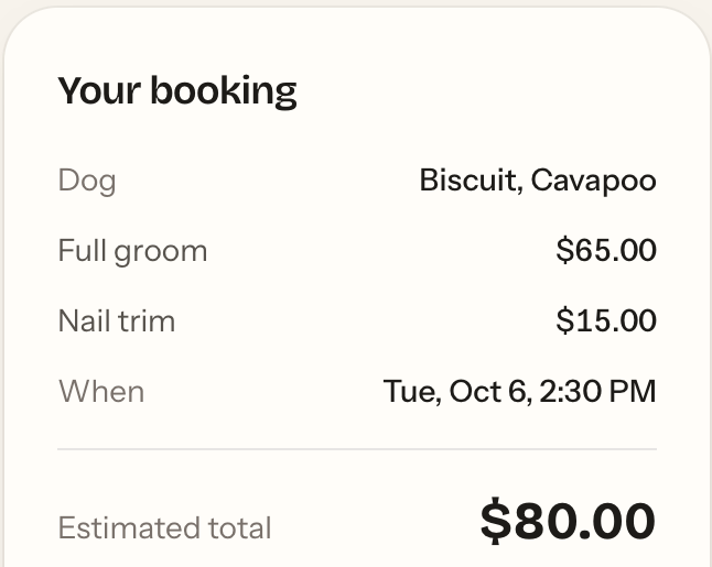 Booking summary for Biscuit the cavapoo: full groom and nail trim, $80