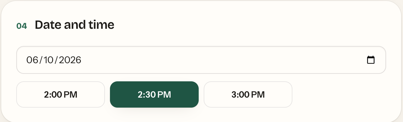 Open times for Tuesday: 2:00, 2:30 and 3:00 PM, with 2:30 selected