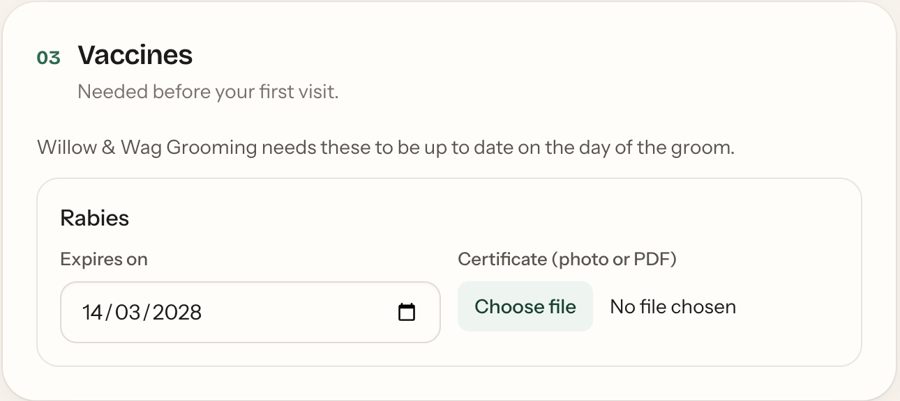 Vaccines step asking for the rabies expiry date and certificate